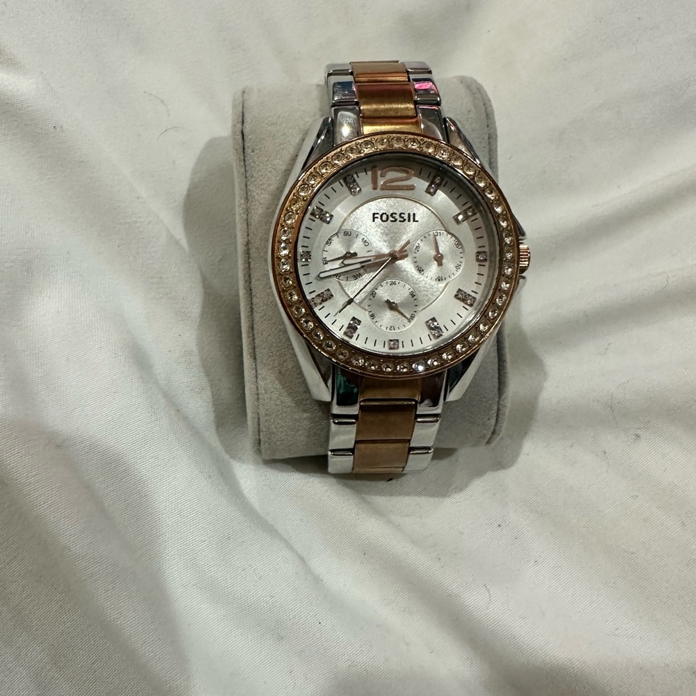 Fossil Rose Gold and Silver Watch with Crystal Bezel